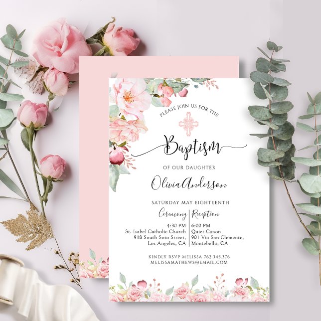 Elegante bautismo Invitación rosa y floral de ment (Subido por el creador)