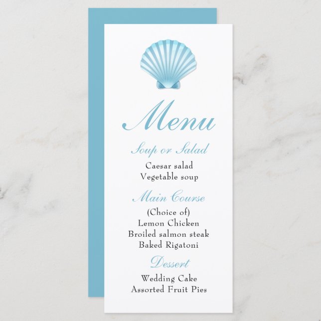 Elegante Beach Blue Nautical Seashell Menú Boda (Anverso / Reverso)