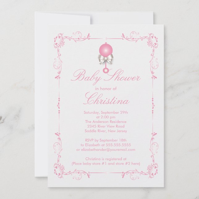 Elegante bebé Chica Baby Shower invitación (Anverso)