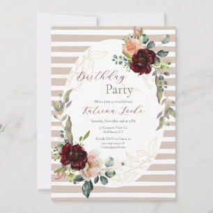 Elegante beige borgoña a rayas Invitación al cumpl