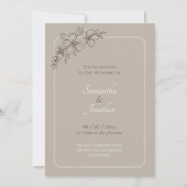 Elegante beige con invitación a la boda de flores  (Anverso)
