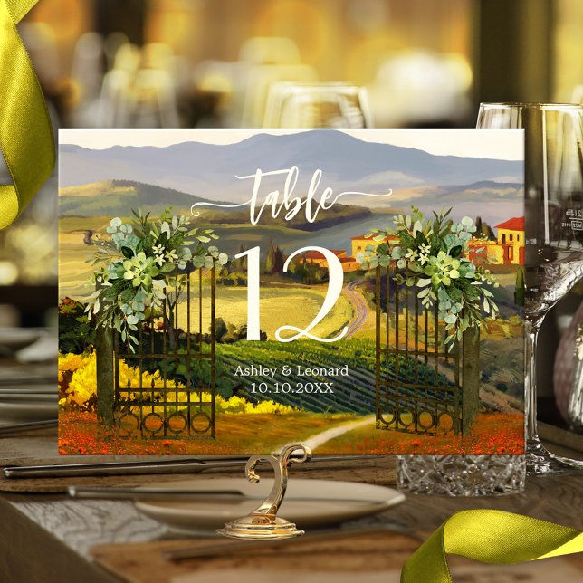 Elegante Bella Artes italiano Boda tarjeta número  (Wedding table number card featuring a painting  of a Tuscan Italian landscape)