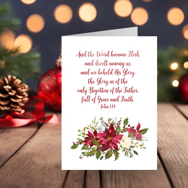 Elegante biblia cristiana Navidad contra poinsetti (Elegant Christian Christmas Bible Verse Poinsettia Holiday Card)
