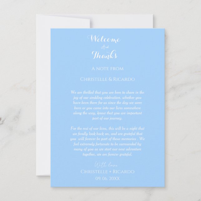 Elegante bienvenida azul y nota de agradecimiento  (Anverso)
