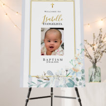 Elegante Bienvenida de Bautizo con Foto Floral Azu