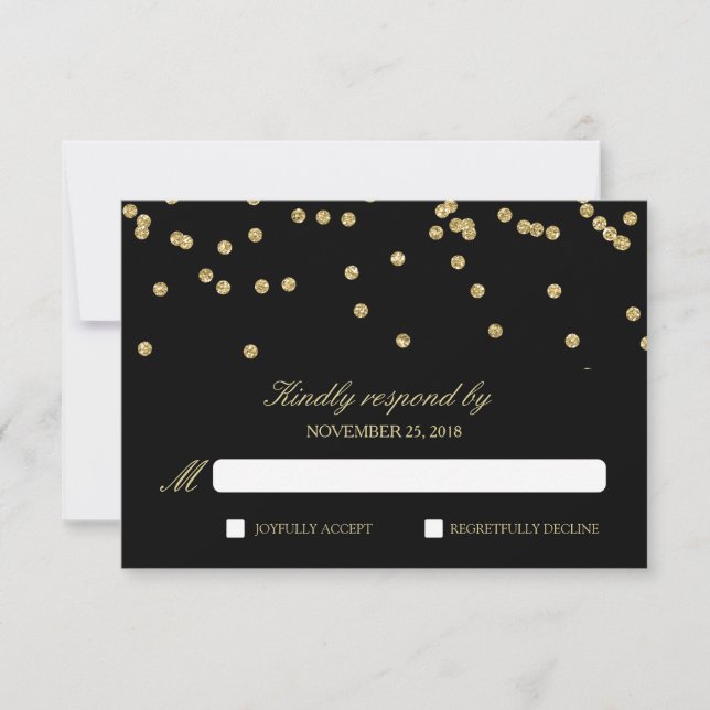 Elegante Black and Gold Confetti Polka-Dots RSVP (Anverso)