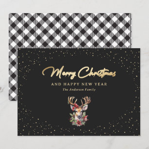 Elegante Black and Gold Plaid Feliz Navidad