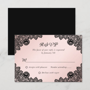 Elegante Black and Rubor Floral Lace Wedding RSVP