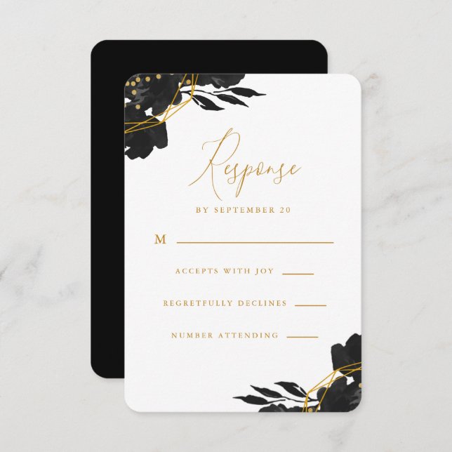 Elegante Black Floral Gold Wedding Rsvp (Anverso / Reverso)