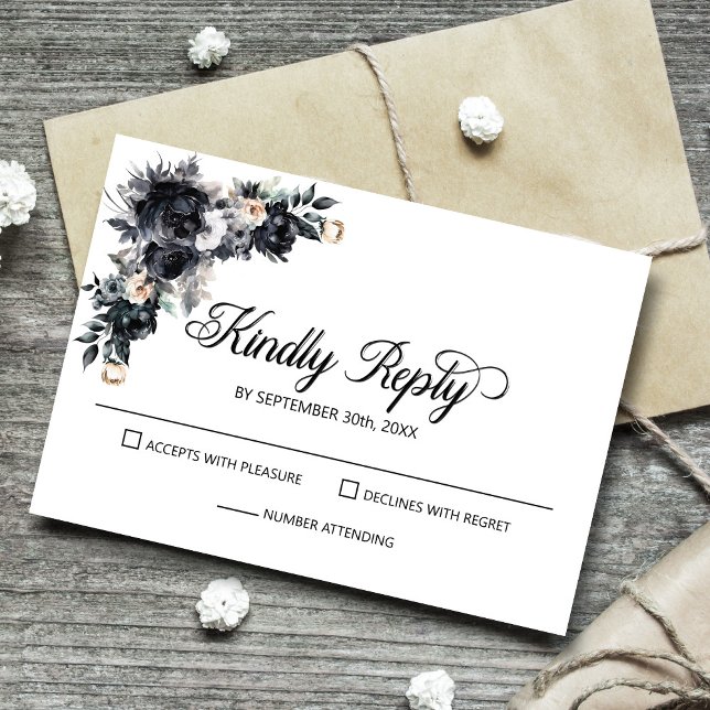 Elegante Black Floral Wedding RSVP (Subido por el creador)