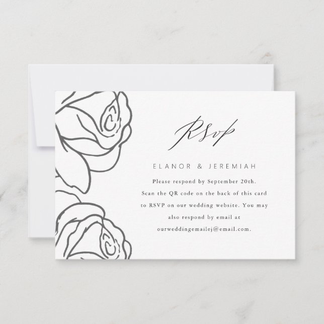 Elegante Black Floral Wedding RSVP con código QR (Anverso)