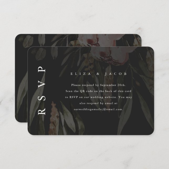 Elegante Black Floral Wedding RSVP con código QR (Anverso / Reverso)