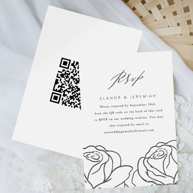 Elegante Black Floral Wedding RSVP con código QR (Subido por el creador)