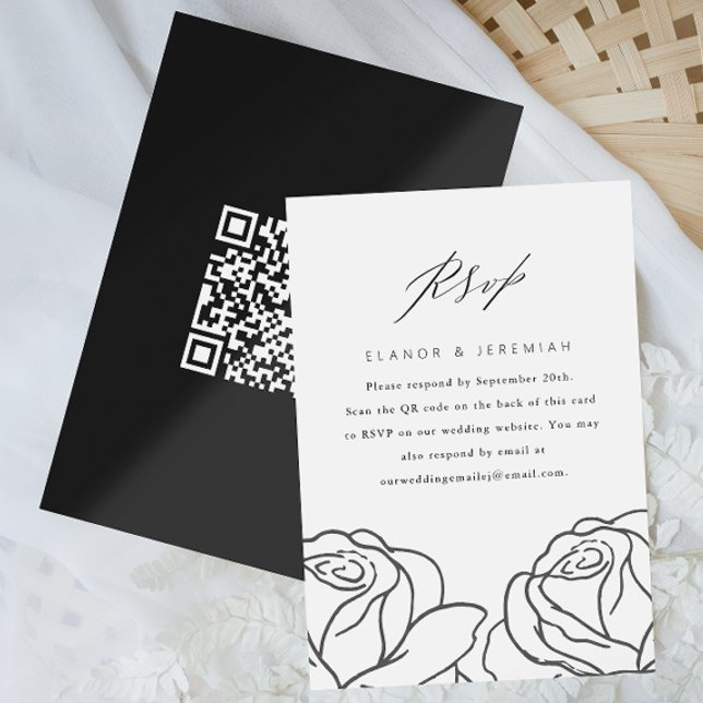 Elegante Black Floral Wedding RSVP con código QR (Subido por el creador)