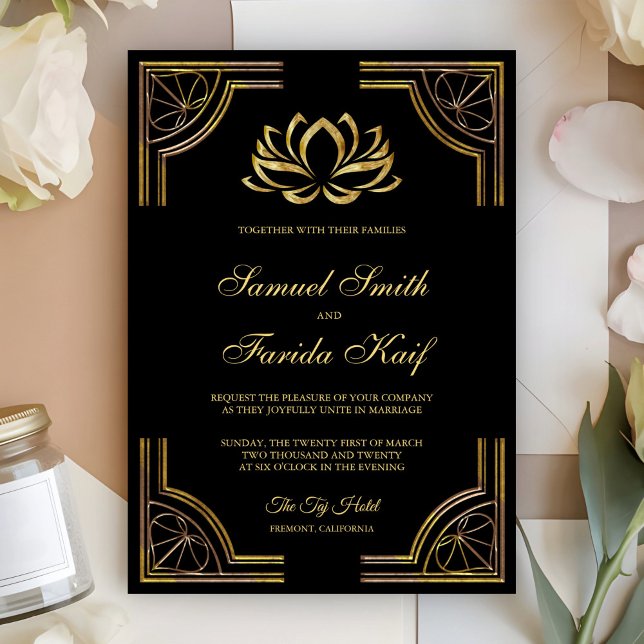 Elegante Black Gold Lotus Invitación a la boda de  (Subido por el creador)