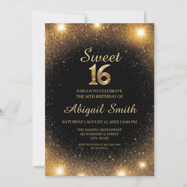 Elegante Black & Gold Sparkle Sweet 16 Invitación (Anverso)