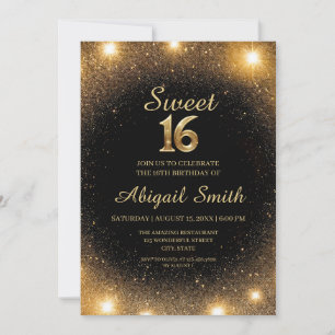 Elegante Black & Gold Sparkle Sweet 16 Invitación