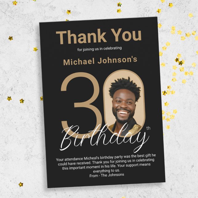 Elegante Black Gold Tarjeta de agradecimiento por  (Elegant Black Gold 30th Birthday Thank You Card)
