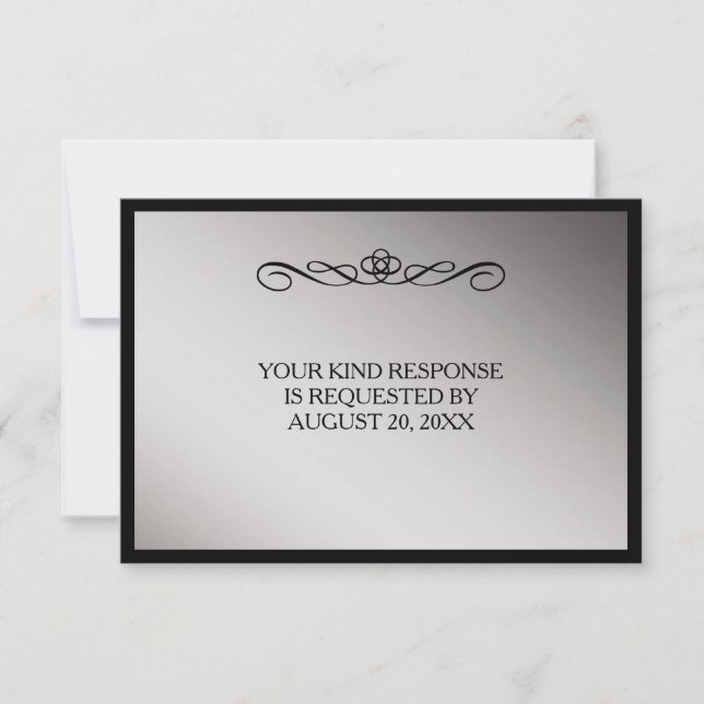 Elegante Black Silver Swirl Wedding RSVP (Anverso)