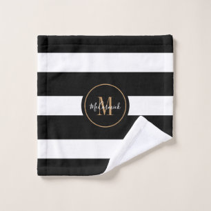 Elegante Black White Stripes Gold Monogramado
