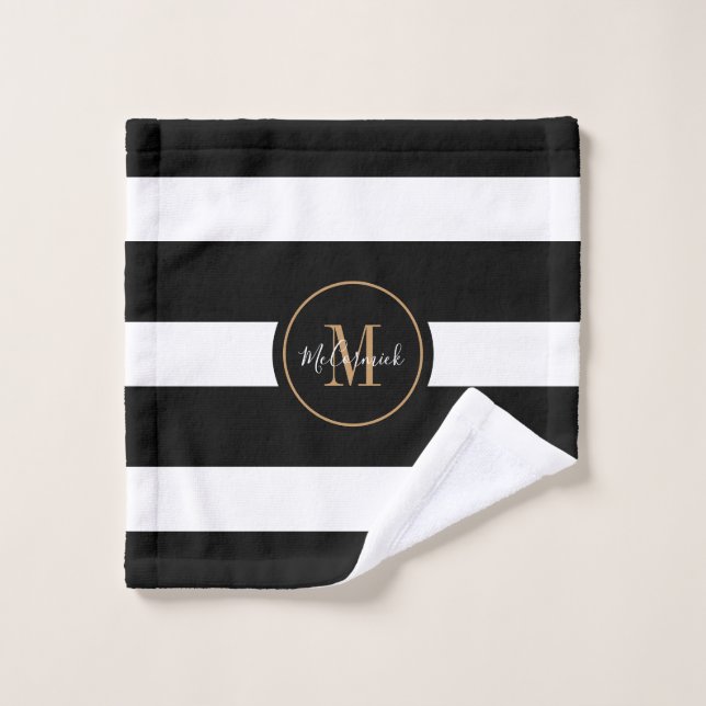 Elegante Black White Stripes Gold Monogramado (Toallita)