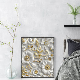 Elegante blanco y dorado arte de pared floral 3D