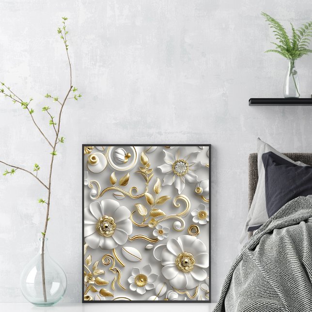 Elegante blanco y dorado arte de pared floral 3D (Subido por el creador)