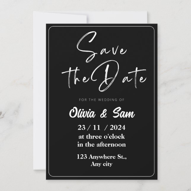 Elegante blanco y negro salva la invitación a la c (Anverso)