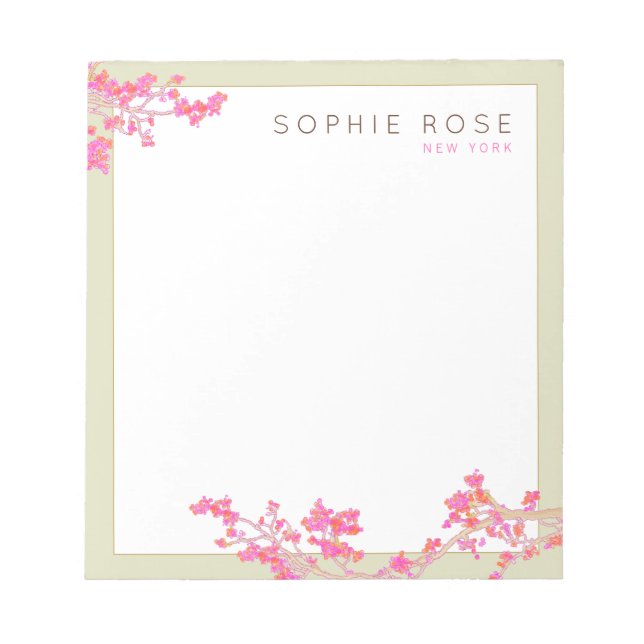 Elegante Bloc de notas personalizado con flor rosa (Frente)