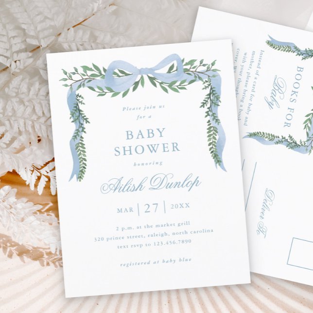 Elegante Blue Bow Boy Invitación Baby Shower (Elegant Blue Bow Greenery Boy Baby Shower Invitation Postcard.)
