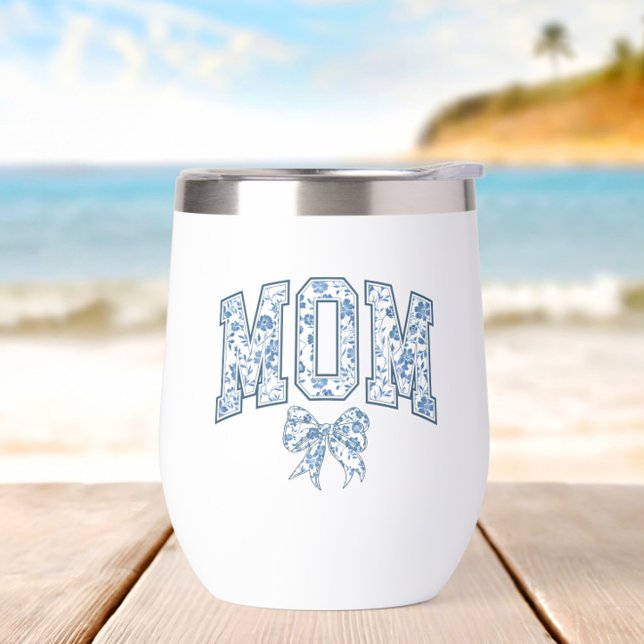 Elegante Blue Bow Chinoiserie Mom (Elegant Blue Chinoiserie Mom Wine Tumbler, Mother's Day Gift, New Mom, Trendy, Mom to Be, Chic)