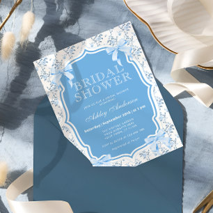 Elegante Blue Bow Floral Bridal Shower Invitación