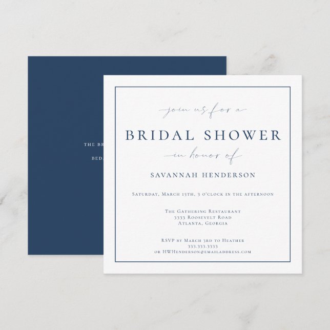 Elegante Blue Bridal Shower Classic Invitación (Anverso / Reverso)