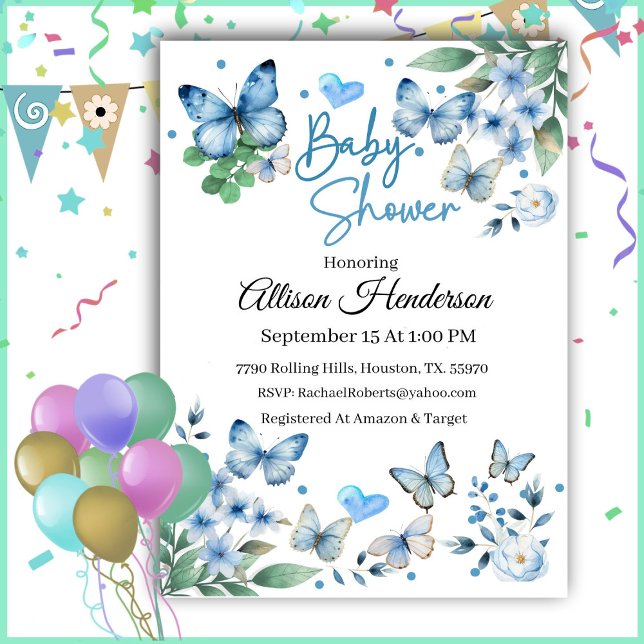 Elegante Blue Butterfly Boy Invitación Baby Shower (Subido por el creador)