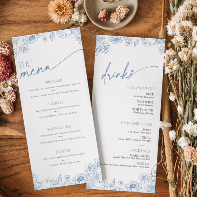 Elegante Blue Chinoiserie Comida y carta de bebida (Food and Drinks Menu with french blue floral toile de jouy pattern)