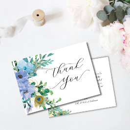 Elegante Blue Floral Boho Boda Gracias Tarjeta