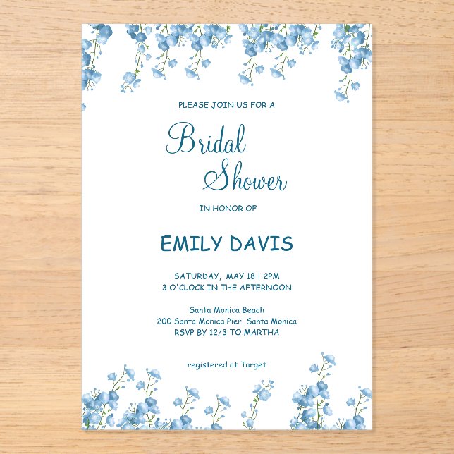 Elegante Blue Floral Bridal Shower Invitación (Anverso)