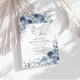 Elegante Blue Floral Bridal Shower Invitación