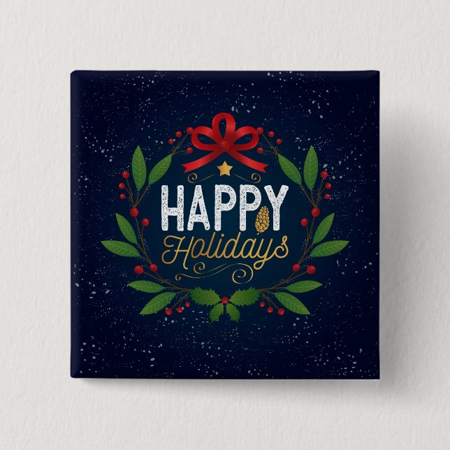 Elegante Blue Floral Happy Holidays | Botón Pin (Anverso)