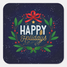 Elegante Blue Floral Happy Holidays | PEGATINA