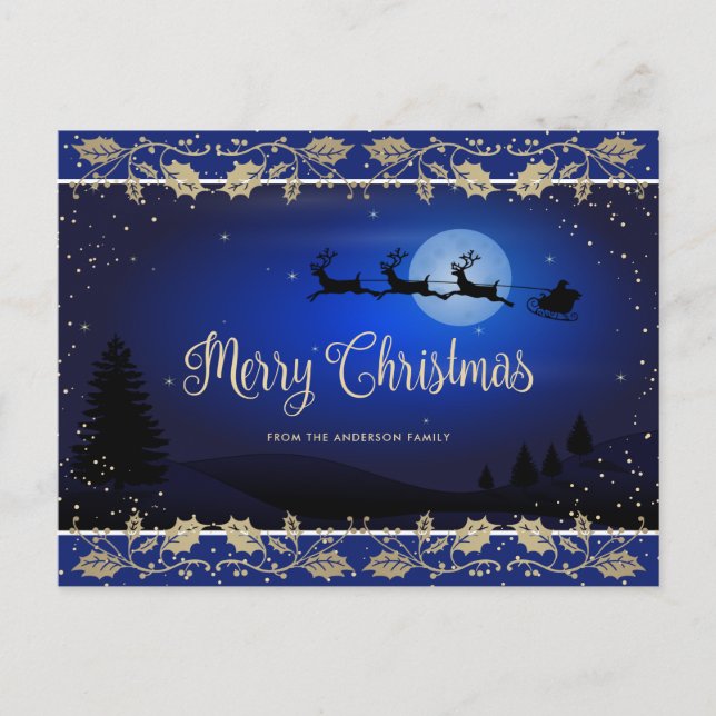 Elegante Blue Gold Holly Santa Merry Navidad (Anverso)