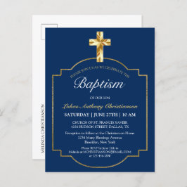 Elegante Blue Golden Cross Boys Invitación al baut