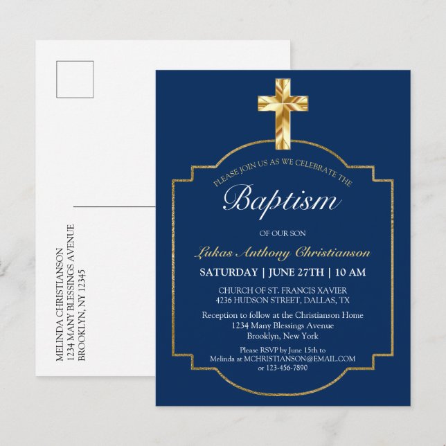 Elegante Blue Golden Cross Boys Invitación al baut (Anverso / Reverso)