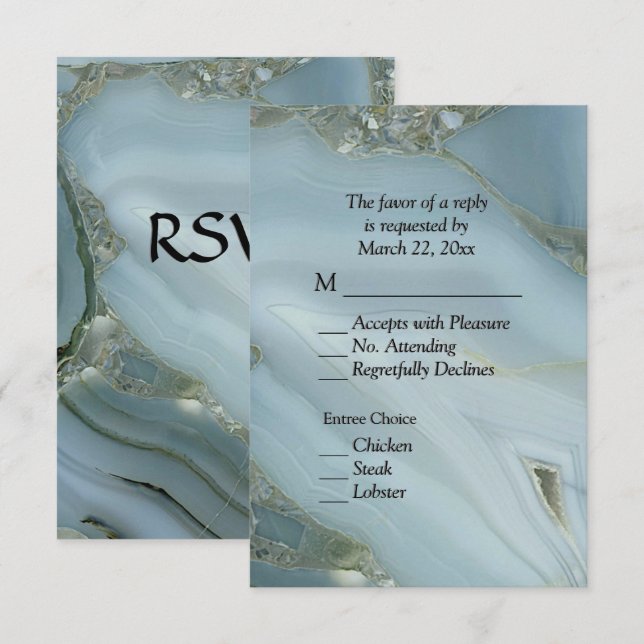 Elegante Blue Marble Agate RSVP con opciones de me (Anverso / Reverso)