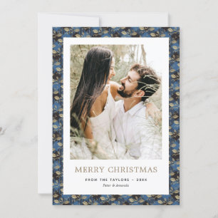 Elegante Blue Plaid Holly Foto Feliz Navidad