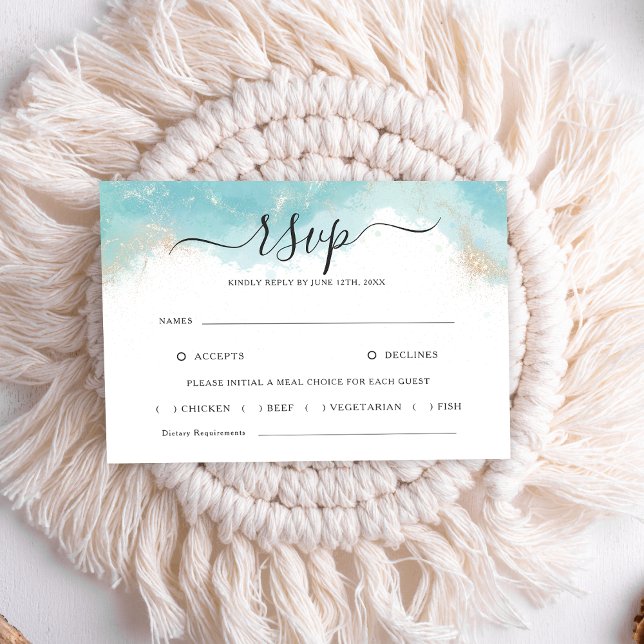 Elegante Blue Watercolor Gold Wedding Tarjeta RSVP (Subido por el creador)