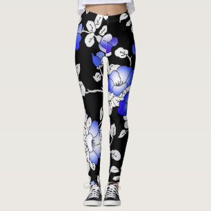 Elegante Blue White Black Floral Leggings