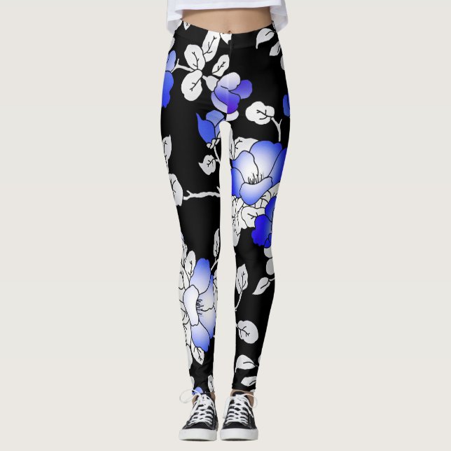 Elegante Blue White Black Floral Leggings (Anverso)