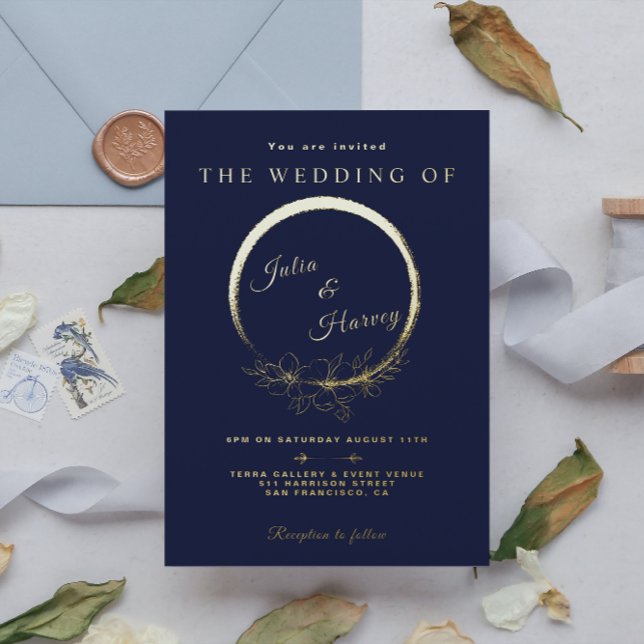 Elegante Boda azul de la Marina de Oro Invitación  (Subido por el creador)