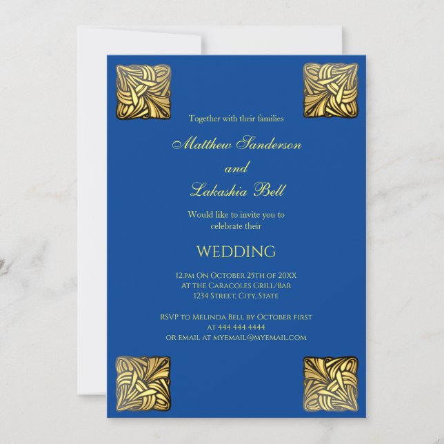 Elegante Boda Azul Invitación de oro (Anverso)